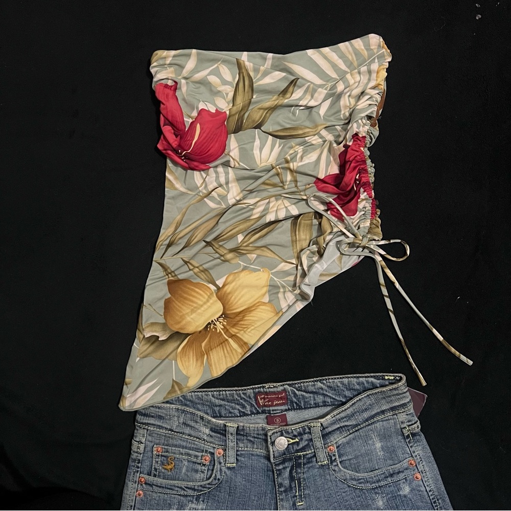 Floral Strapless Top and Denim Jeans Set